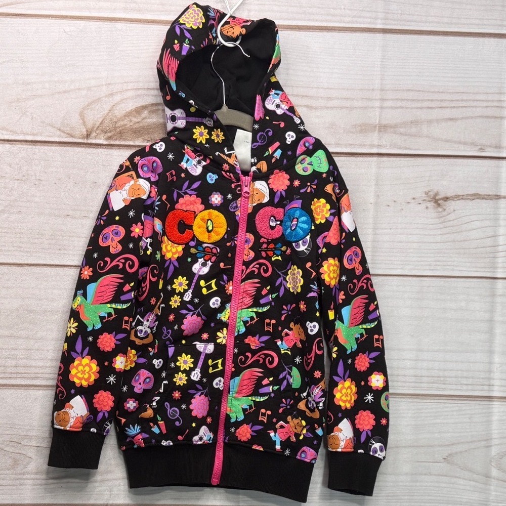 Disney Coco Kids Full Zip Hoodie Black All Over Print Chenille Patch Small